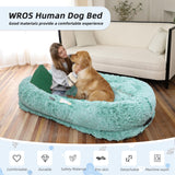 Human Dog Bed, Large Dog Beds for Humans Size Fits You and Pets, Washable Faux Fur Orthopedic Human Pet Bed for People Doze Off, Napping, Present Pillow, Blanket, Strap - Khaki