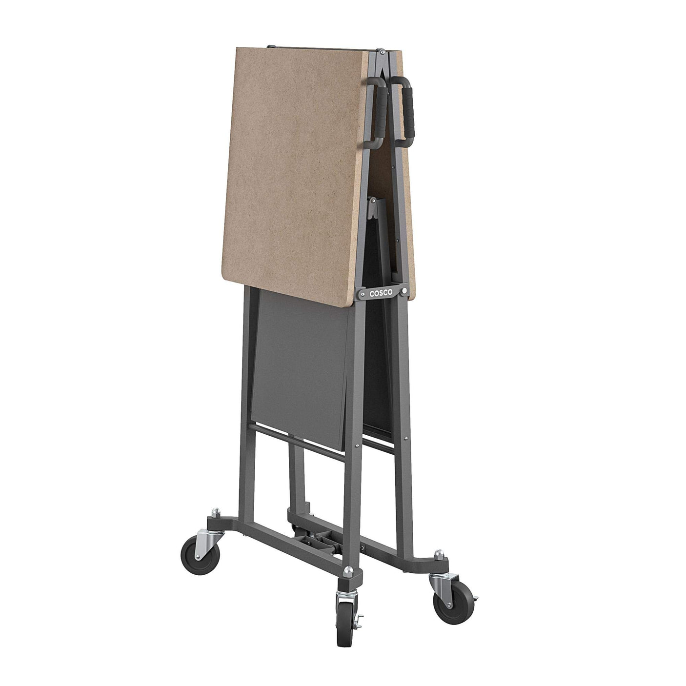 COSCO SmartFold Butcher Block Portable Workbench / Folding Utility Table (Hardwood Top, 700LB Total Weight Capacity, Locking Casters, Gray Steel Frame, 1 Pack)