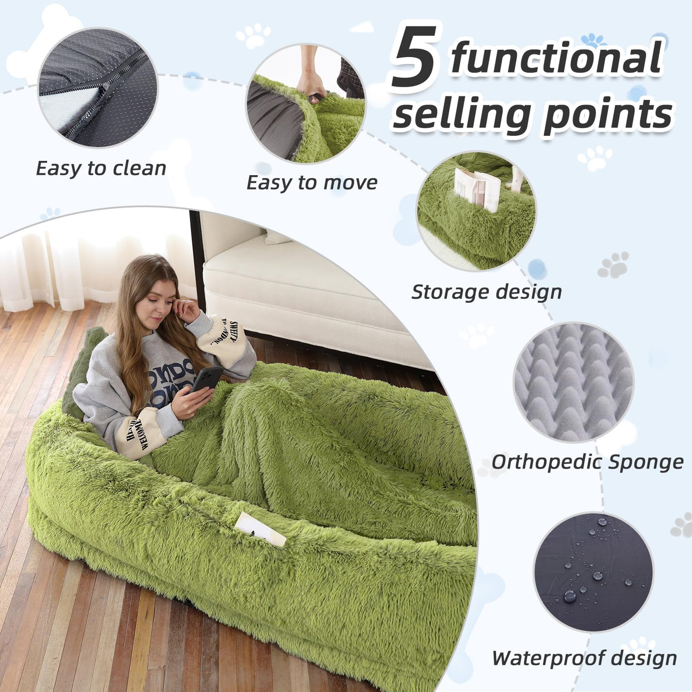 Human Dog Bed, Large Dog Beds for Humans Size Fits You and Pets, Washable Faux Fur Orthopedic Human Pet Bed for People Doze Off, Napping, Present Pillow, Blanket, Strap - Khaki