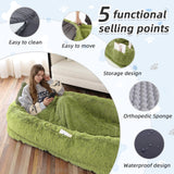 Human Dog Bed, Large Dog Beds for Humans Size Fits You and Pets, Washable Faux Fur Orthopedic Human Pet Bed for People Doze Off, Napping, Present Pillow, Blanket, Strap - Khaki