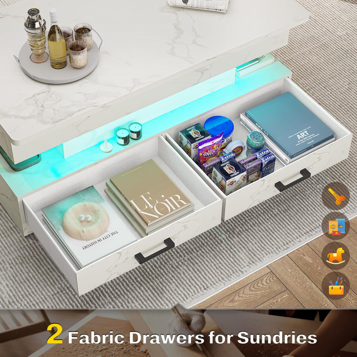 SEDETA 40" Lift Top Coffee Table, Coffee Tables with Storage for Living Room, Small Coffee Table with 2 Fabric Drawers & LED Light for Dining Reception Room, Black