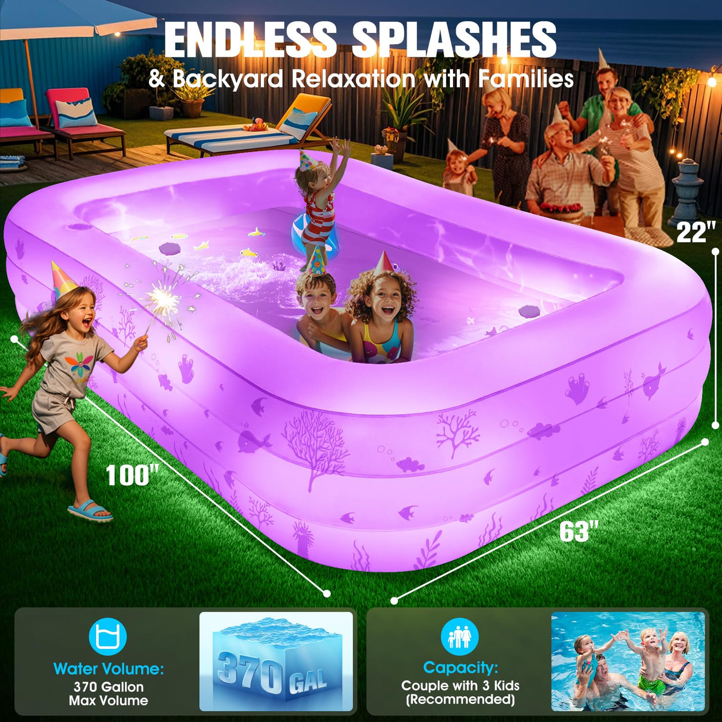Inflatable Pool with Seat and Pool Lights, Durable Thickened Large Size Family Inflatable Pools for Adults Blow Up Pools,100" x 63" x 22"Swimming Inflatable Kids PooI for Backyard,Outdoor (White)