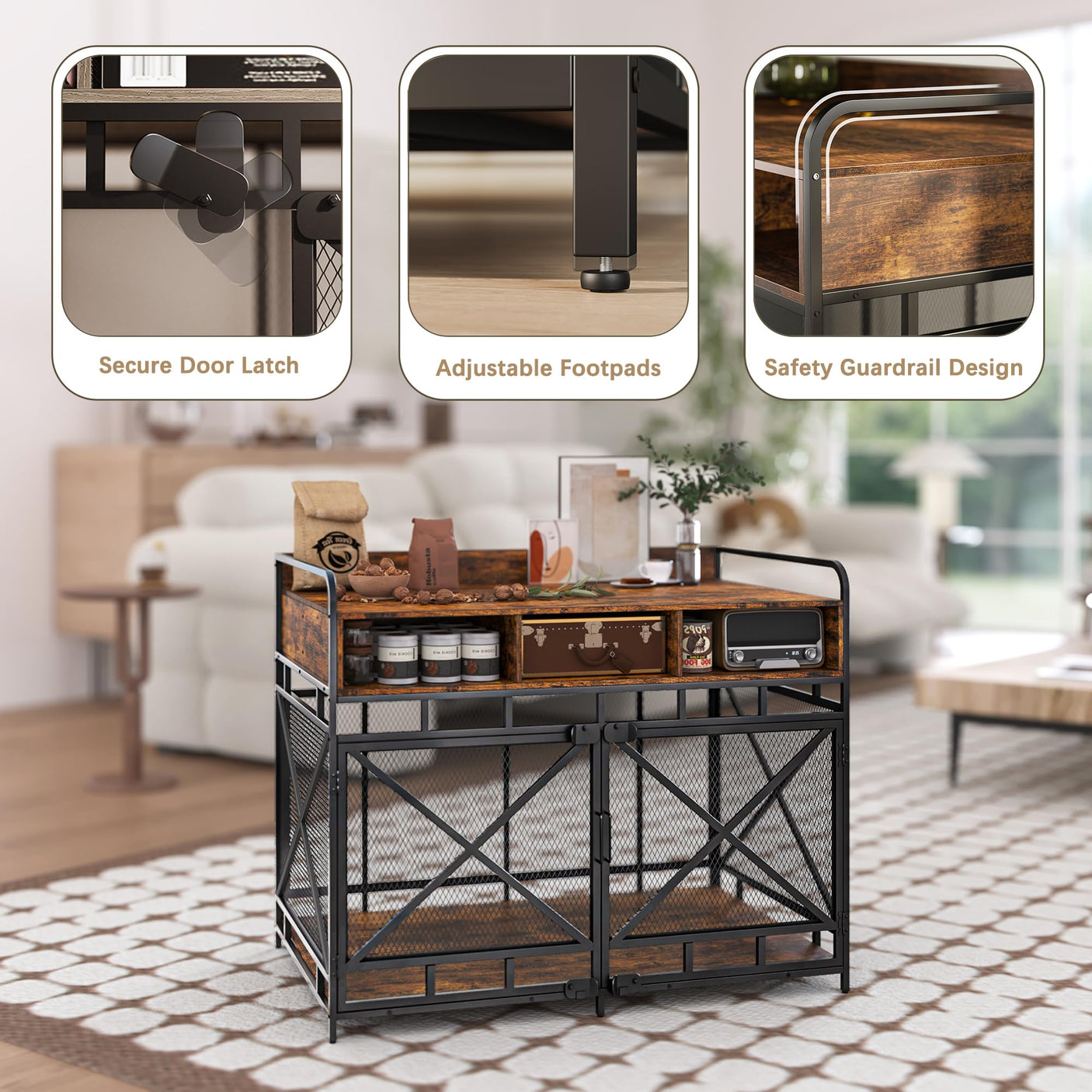 Dog Crate Furniture, 43 Inch Large Dog Kennel End Table with 3 Drawers, Heavy Duty Dog Crate for Large Dogs, Wooden Decorative XL Dog Cage Indoor 43.3" L x 27.6" W x 35.7" H (Rustic Brown)