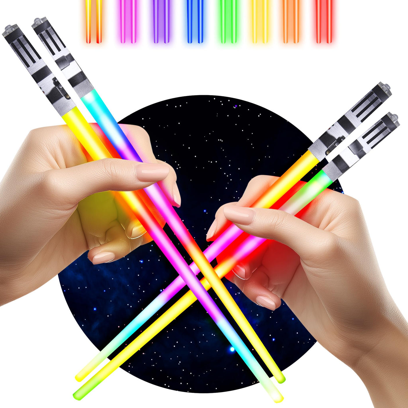 LIGHTSABER CHOPSTICKS LIGHT UP STAR WARS LED Glowing Light Saber Chop Sticks REUSABLE Sushi Lightup Sabers Bright LEDs - 8 Color Modes - 2 Pairs