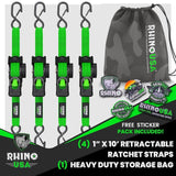 Rhino USA Retractable Ratchet Straps (4-Pack) - 1 Inch x 10 Feet (1,209lb Break Strength) - Heavy Duty Auto Self Retracting Tie Down Straps for Truck, Cargo Trailer, Motorcycle, Rad & More - Green