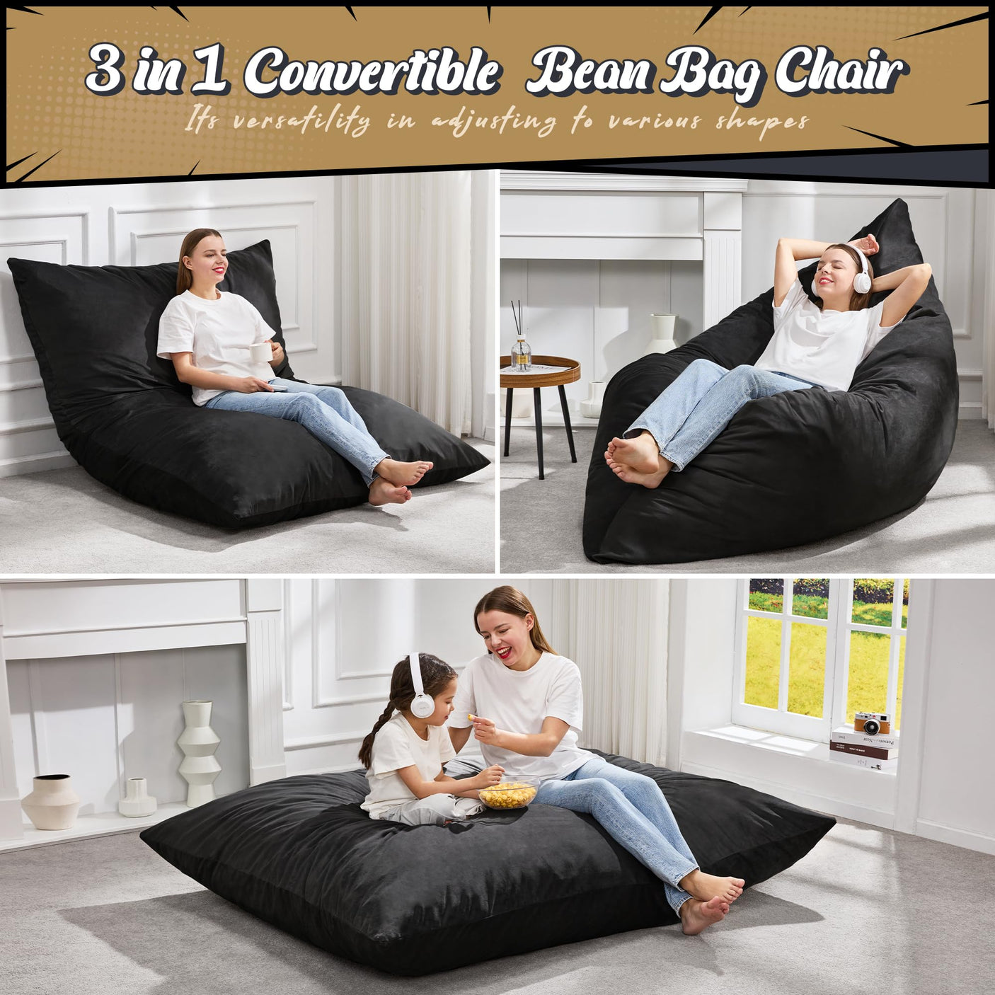 Hobestluk 3 in 1 Bean Bag Chair Giant Bean Bag Chairs Convertible Bean Bag Floor Cushion with Machine Washable Cover, Beanbag Chairs for Adult (Dark Grey)
