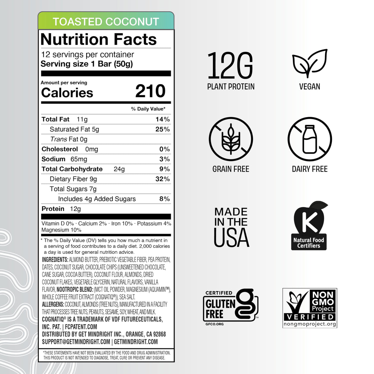 Mindright Superfood Vegan Protein Bar | Gluten Free, Non-Gmo, Low Sugar | Brain Food Snack to Enhance Mood, Energy, and Focus | Pack of 12 (Peanut Butter Cup)