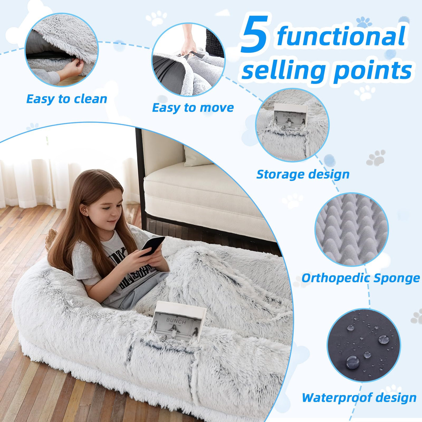 Human Dog Bed, Large Dog Beds for Humans Size Fits You and Pets, Washable Faux Fur Orthopedic Human Pet Bed for People Doze Off, Napping, Present Pillow, Blanket, Strap - Khaki