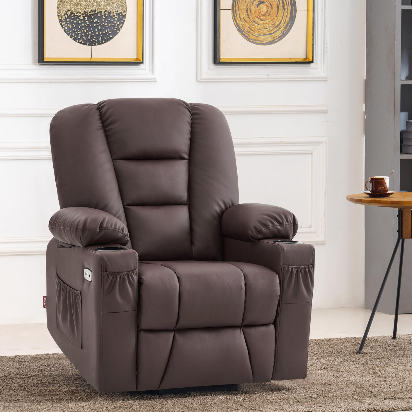 MCombo Power Lift Recliner Chair for Elderly, Lift Chair with Heat and Massage, USB Ports, Cup Holders, Faux Leather 7519 (Medium, Dark Brown)