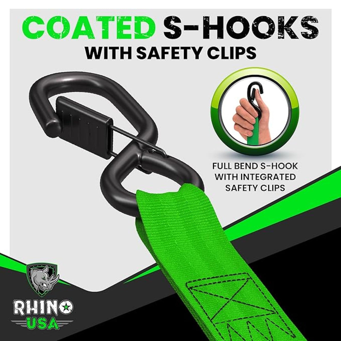 Rhino USA Retractable Ratchet Straps (4-Pack) - 1 Inch x 10 Feet (1,209lb Break Strength) - Heavy Duty Auto Self Retracting Tie Down Straps for Truck, Cargo Trailer, Motorcycle, Rad & More - Green