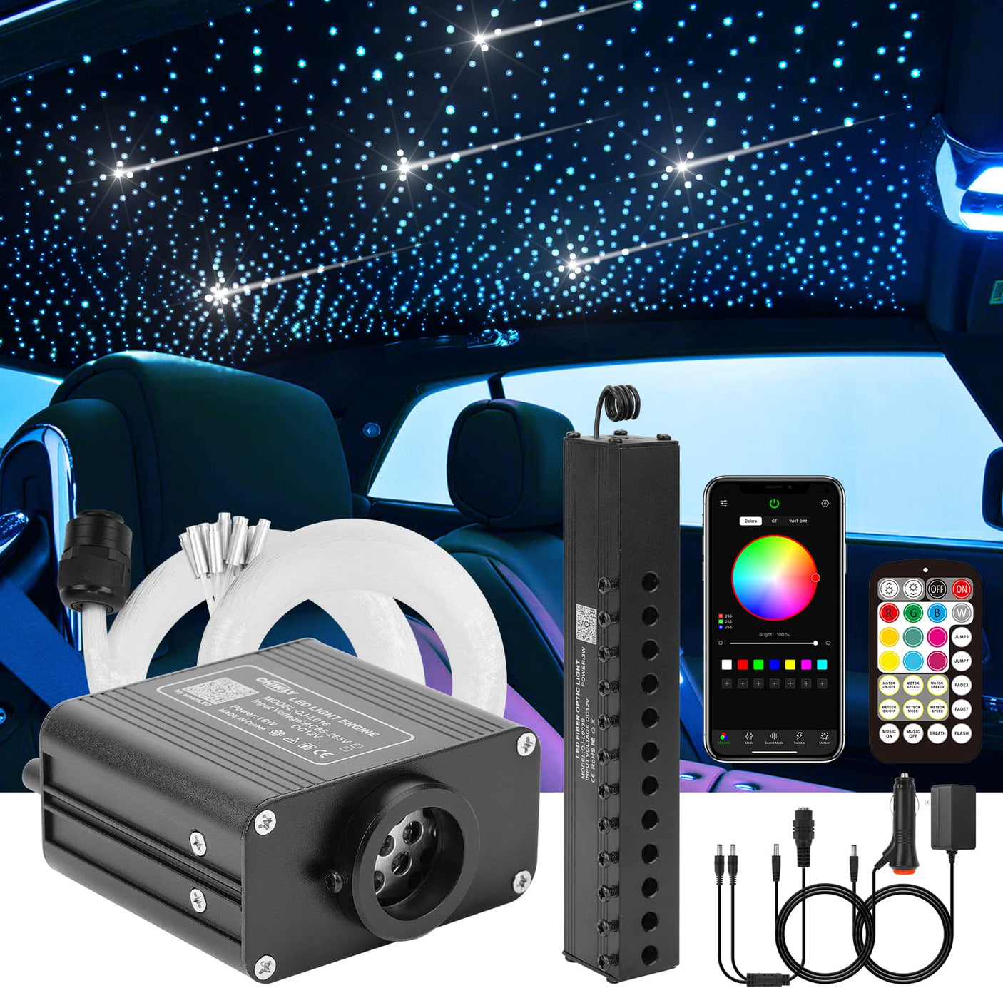 CHINLY Two-Color 1000pcs Twinkle Starlight Headliner Kit 1000 Piece Star Lights for Car,13.1ft Car Star Lights,APP RGBW Fiber Optic Lights Starlights Headliner Kit for Home Theater