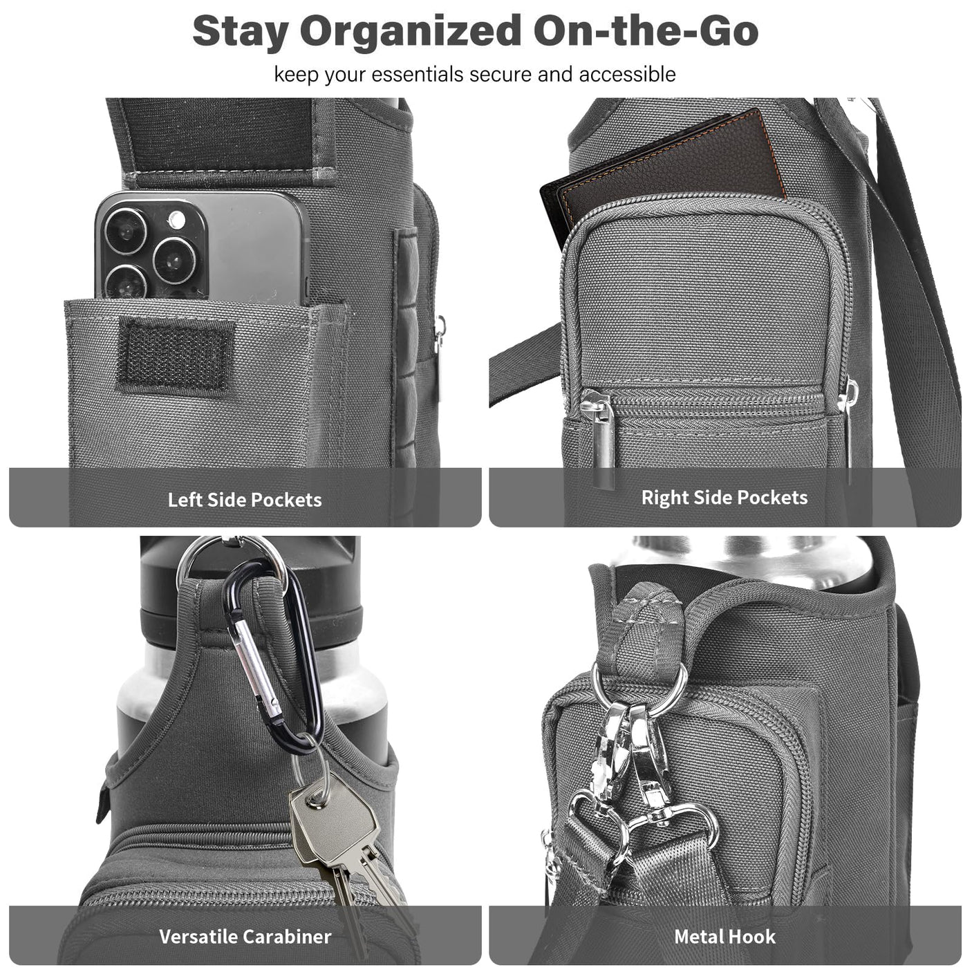 icolor Magnetic Gym Bag Water Bottle Carrier Holder with Phone Pockets & Shoulder Strap,5 Built-in Magnets Gym Bottle Pouch Sleeve,Magnetic Bag Gym Accessories Organizer for Men Women