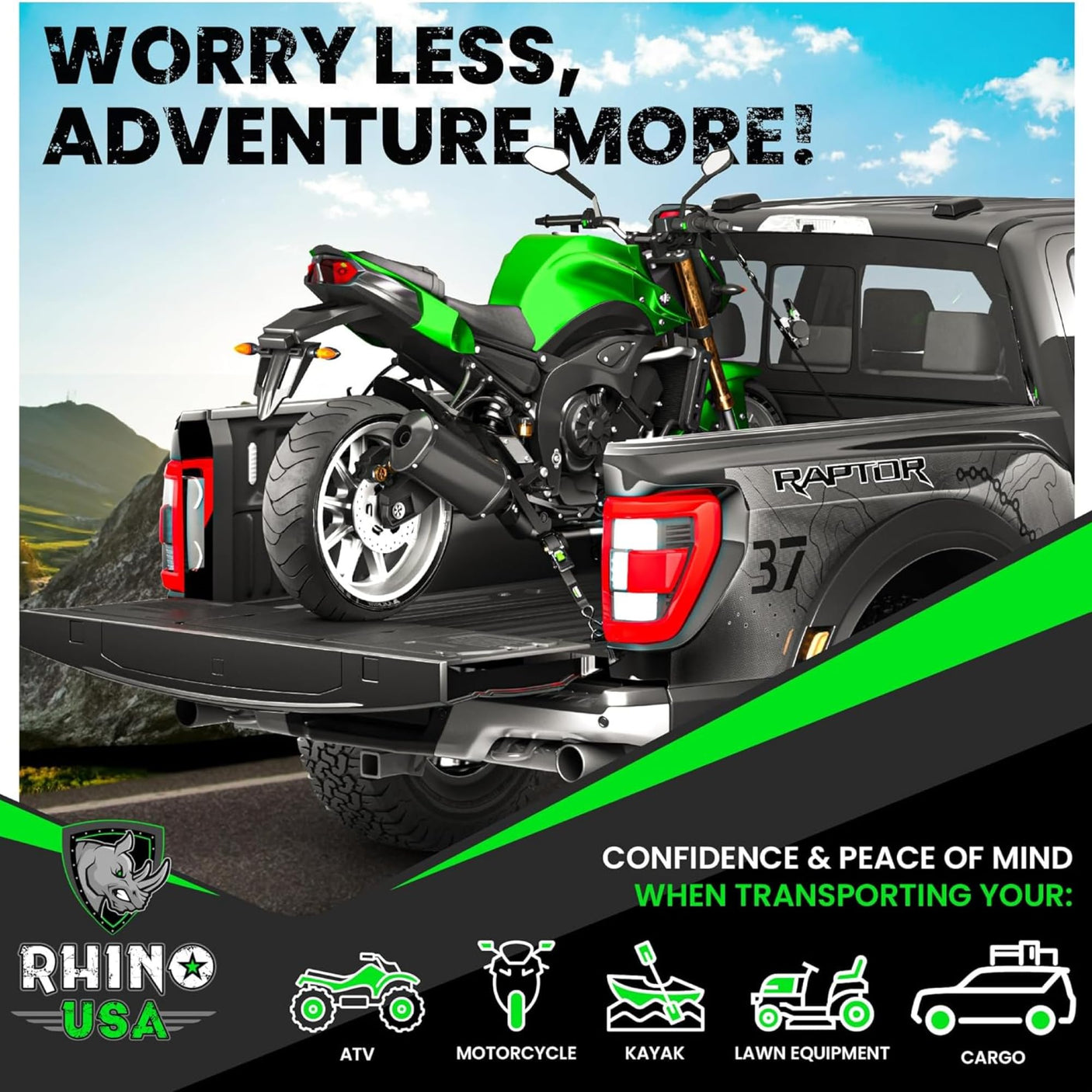 Rhino USA Retractable Ratchet Straps (4-Pack) - 1 Inch x 10 Feet (1,209lb Break Strength) - Heavy Duty Auto Self Retracting Tie Down Straps for Truck, Cargo Trailer, Motorcycle, Rad & More - Green