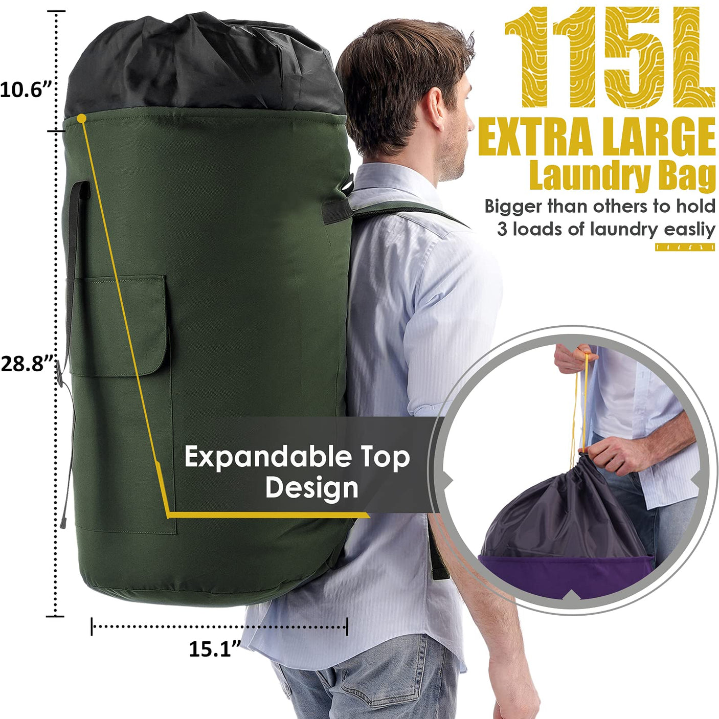 Laundry Bag Backpack Extra Large, 115L Laundry Backpack with Padded Shoulder Strap, Sturdy Travel Laundry Bags, Hanging Laundry Bag for College Dorm, Apartment, Clothes Hamper Bag for Laundromat