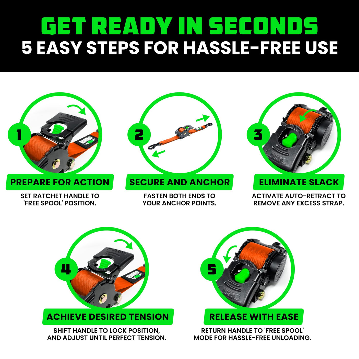 Rhino USA Retractable Ratchet Straps (4-Pack) - 1 Inch x 10 Feet (1,209lb Break Strength) - Heavy Duty Auto Self Retracting Tie Down Straps for Truck, Cargo Trailer, Motorcycle, Rad & More - Green