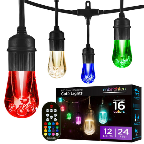 Enbrighten Premium Color Changing String Lights, 48ft Black Cord, 24 Shatterproof Acrylic Bulbs, Weatherproof, Remote Control, Dimmable RGB LED, Outdoor String Lights, 37790