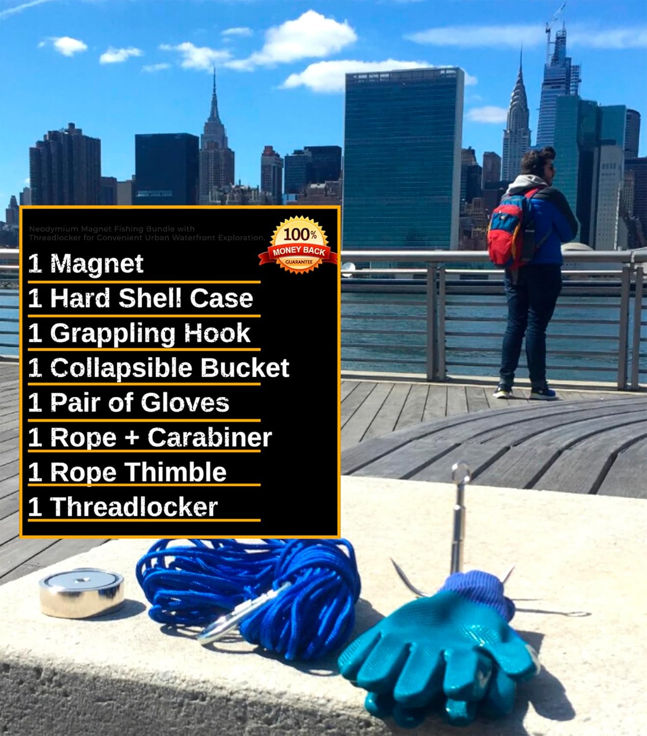 1200 LB Magnet Fishing Kit with Case - 2 Fishing Magnets in 1 (Double Sided Magnet) - with Grappling Hook, Heavy Duty 65FT Rope, Gloves, Carabiner and Foldable Bucket.