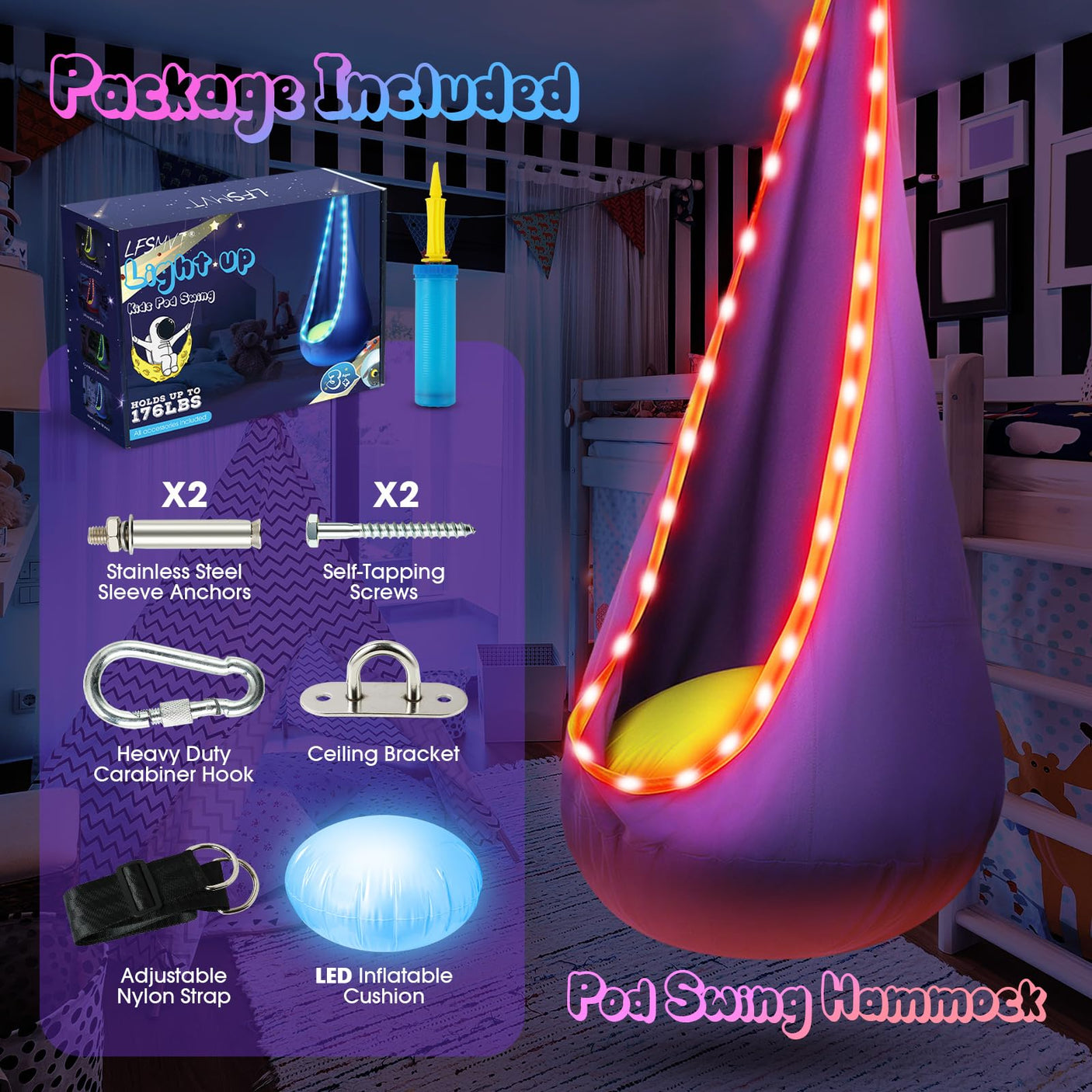 Light Up Kids Pod Swing Seat, Upgraded Kids Hanging Hammock Swing with LED Lights, Cotton Sensory Pod Swing Chair with Inflatable Pillow, Pod Swing for Kids Indoor & Outdoor (1 PCS) (Blue)