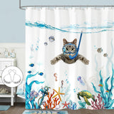Fowocu Funny Cat Shower Curtain Set Teal Blue Sea Ocean Waterproof Fabric Shower Curtains with Animal Octopus Starfish Turtle Anchor Fish Nautical Bathroom Decor (Blue, 72''×72'')