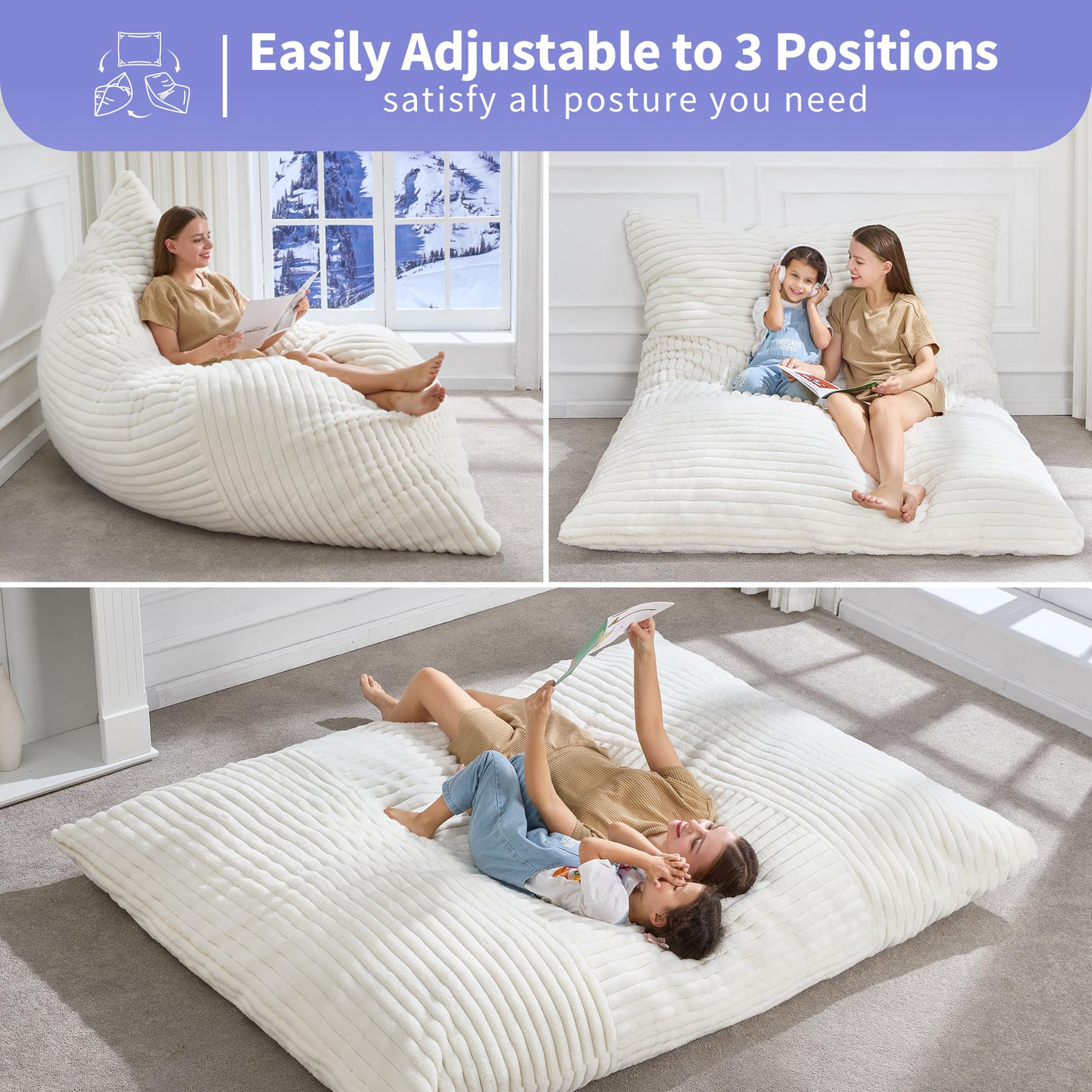 Hobestluk 3 in 1 Bean Bag Chair Giant Bean Bag Chairs Convertible Bean Bag Floor Cushion with Machine Washable Cover, Beanbag Chairs for Adult (Dark Grey)