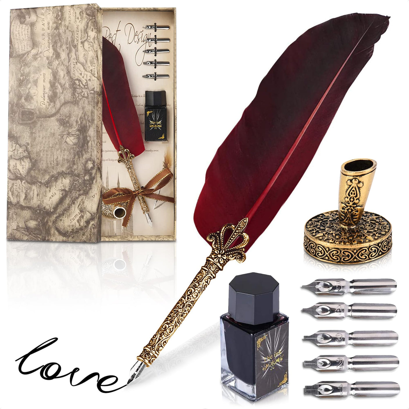 Lagarto Secure Counter Pens - 11.4" Stainless Steel Red Antique Feather Quill Pen and Ink Set with Nib for Calligraphy Practice, Drawing & Signatures - Security Pens for Beginners and Enthusiast