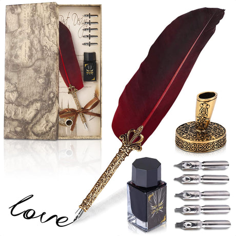 Lagarto Secure Counter Pens - 11.4" Stainless Steel Red Antique Feather Quill Pen and Ink Set with Nib for Calligraphy Practice, Drawing & Signatures - Security Pens for Beginners and Enthusiast