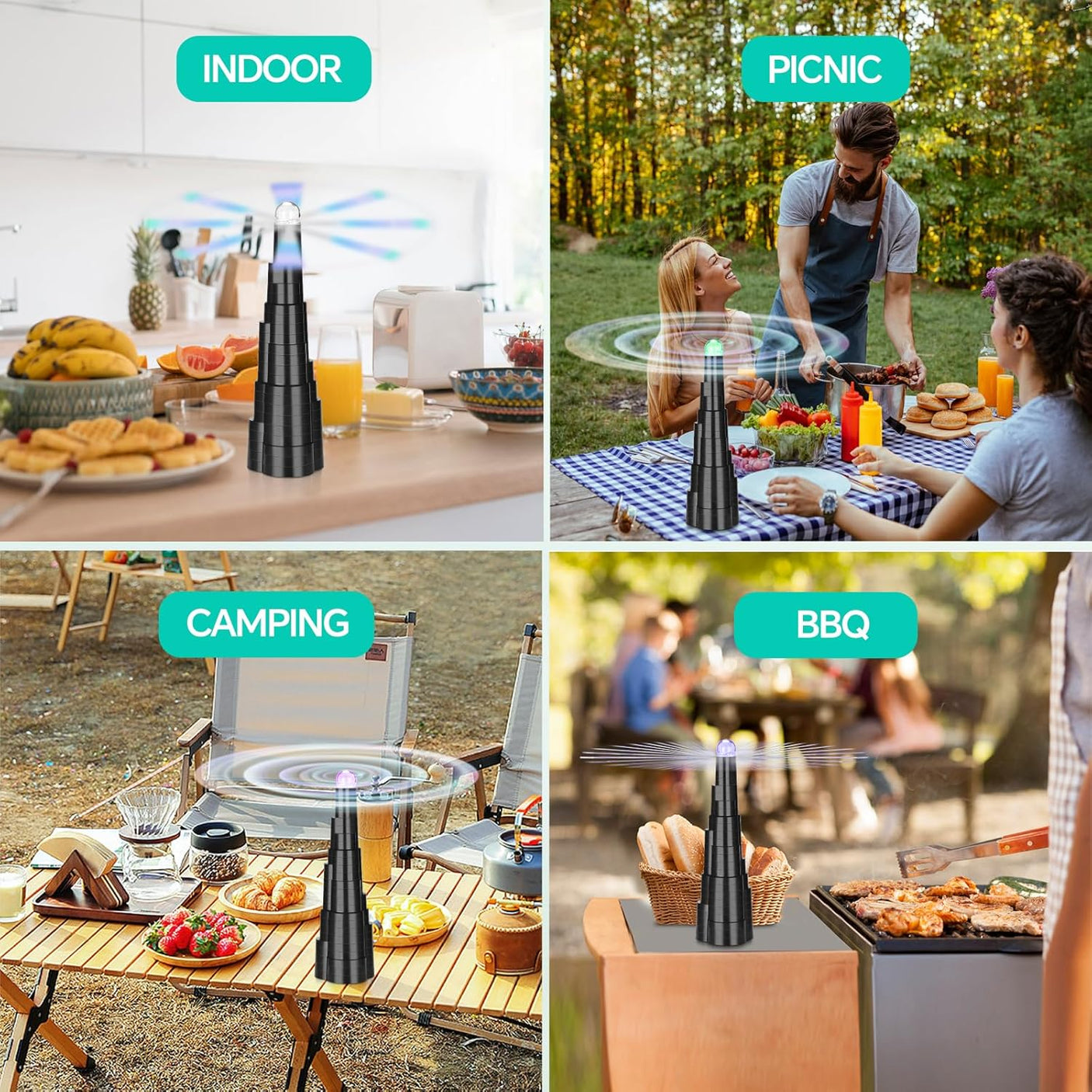 Fly Fans for Tables, Rechargeable Fly Fan Table Top Fan with LED Light, Fly Spinner with Soft Holographic Blades for Picnic, Restaurant, Party, Home, and BBQ (4 Pack)