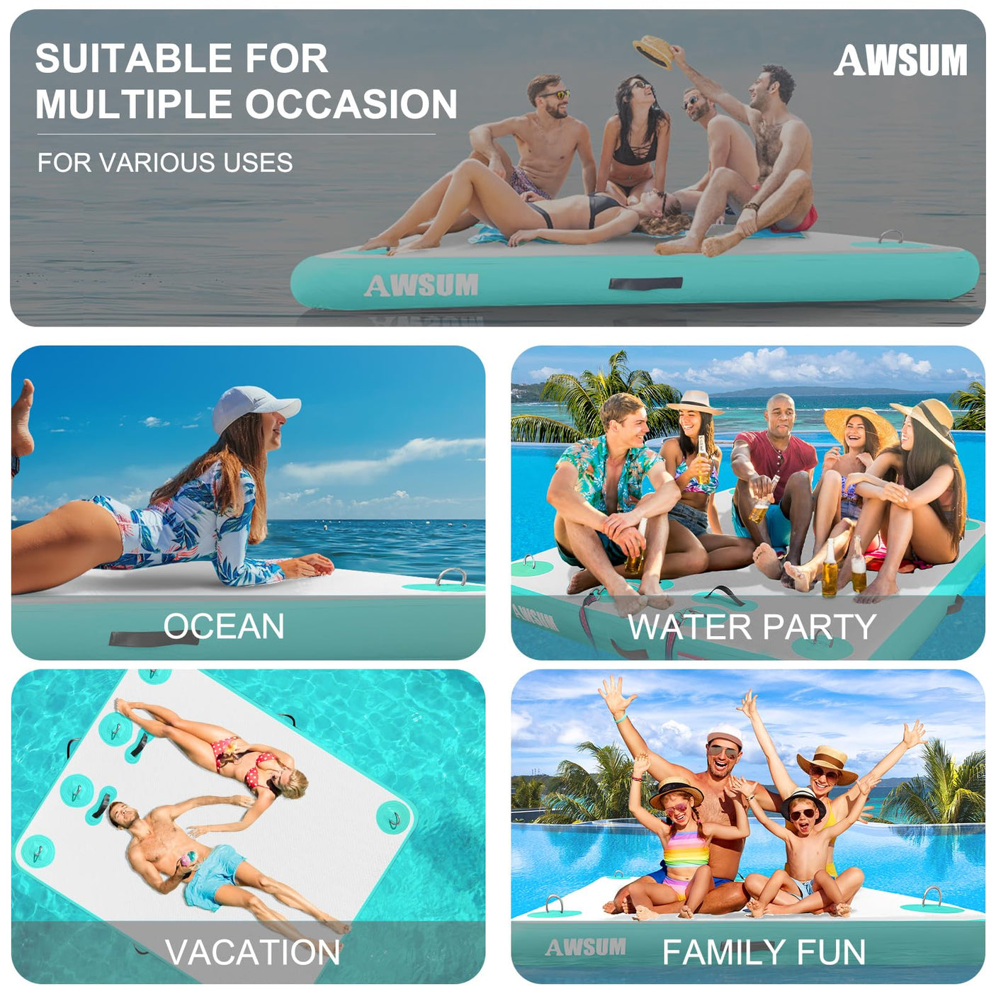 AWSUM Inflatable Floating Dock Air Dock Platform Floating Island Raft with None-Slip Surface for Pool Beach Ocean