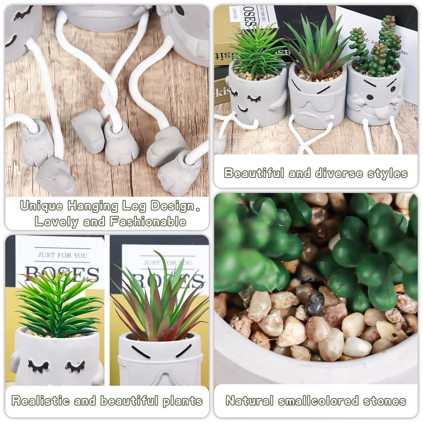 Zerzsy 3pcs Creative Artificial Succulents with Gray Flower Pots, Mini Potted Succulents for Home Office Desk Decor and Gift Choice