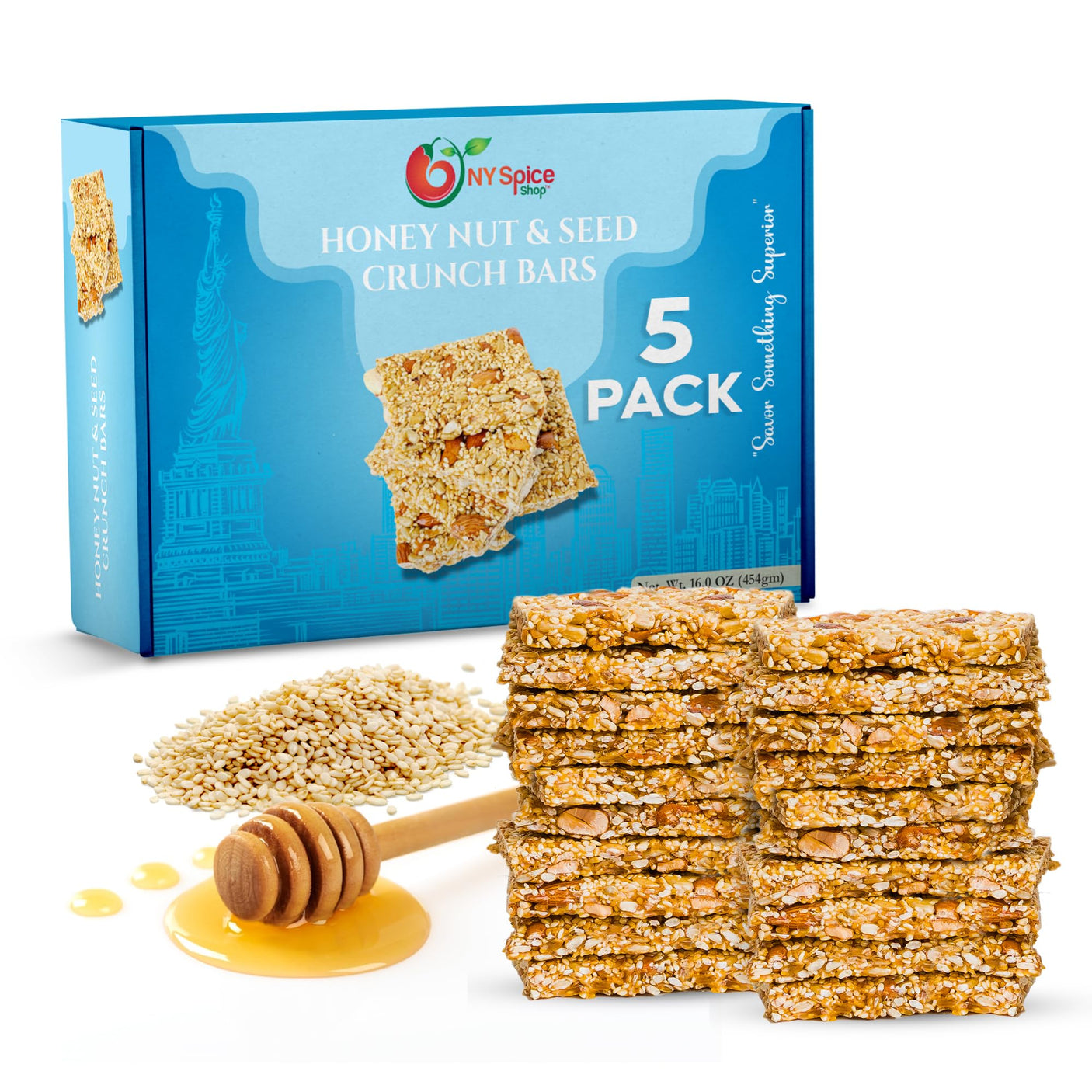 NY SPICE SHOP Honey Nut and Seed Crunch Bars – 1 Pound (16 oz.) Honey Sesame Brittle – Sesame Seed Candy – Sesame Seed Honey Bars – Great Snack & Crunchy Flavour