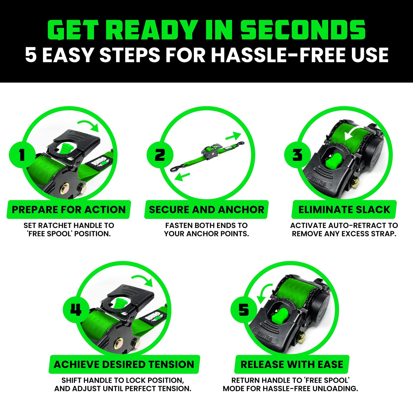 Rhino USA Retractable Ratchet Straps (4-Pack) - 1 Inch x 10 Feet (1,209lb Break Strength) - Heavy Duty Auto Self Retracting Tie Down Straps for Truck, Cargo Trailer, Motorcycle, Rad & More - Green