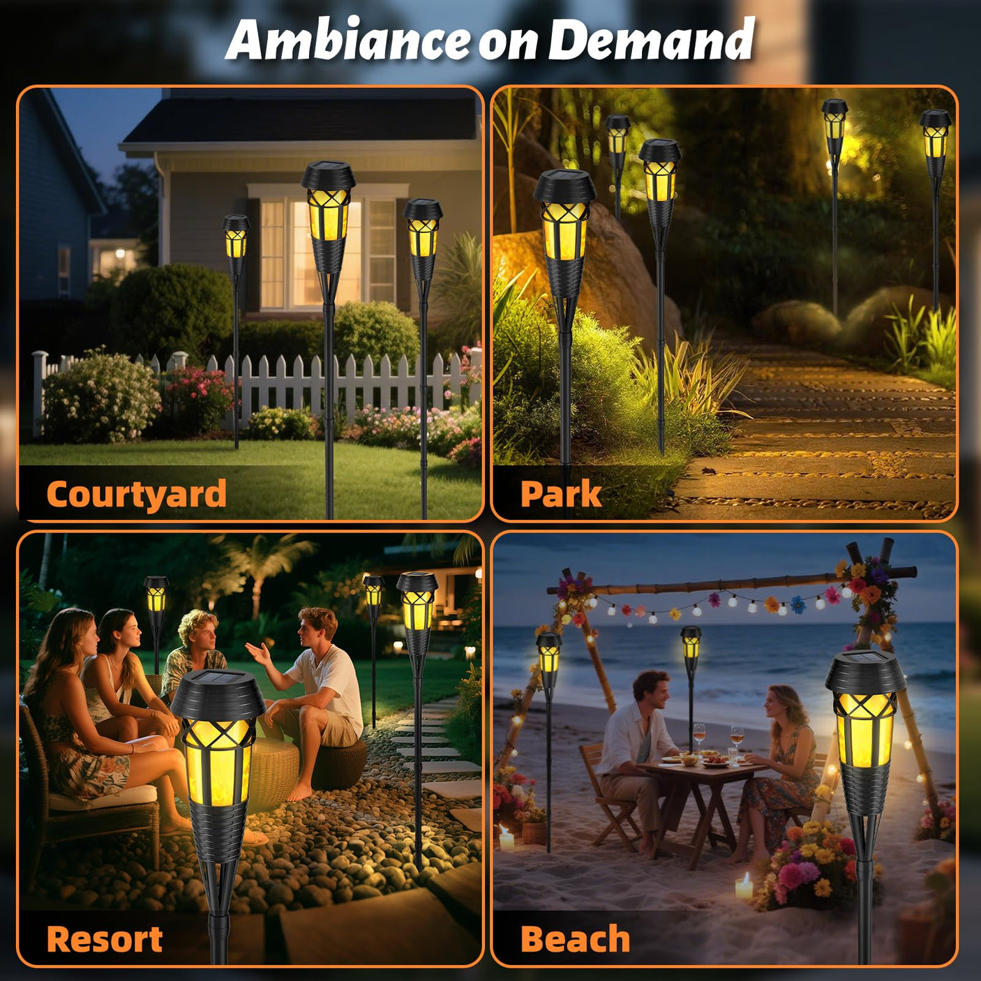 Flickering Flames Solar Powered Lights - Upgraded Solar Torches Waterproof Outdoor Decorative Lighting Auto On/Off, Handmade Bamboo Finish, 2-Pack