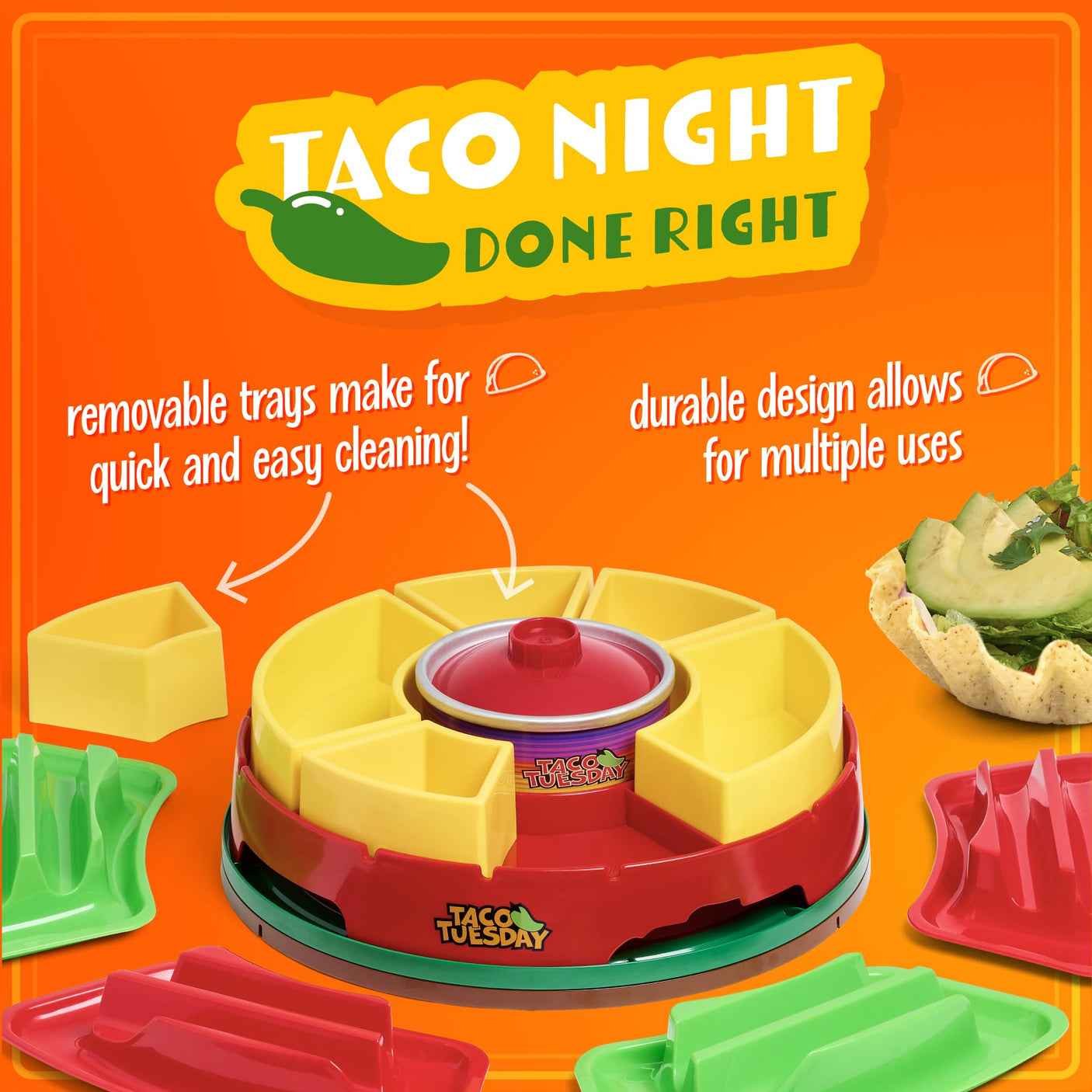 Nostalgia Taco Tuesday Heated Lazy Susan Taco Bar Serving Set for a Party with 4 Tortilla Holders, Fondue Pot for Burritos, Nachos, and Fajitas - 20 Oz. - Red