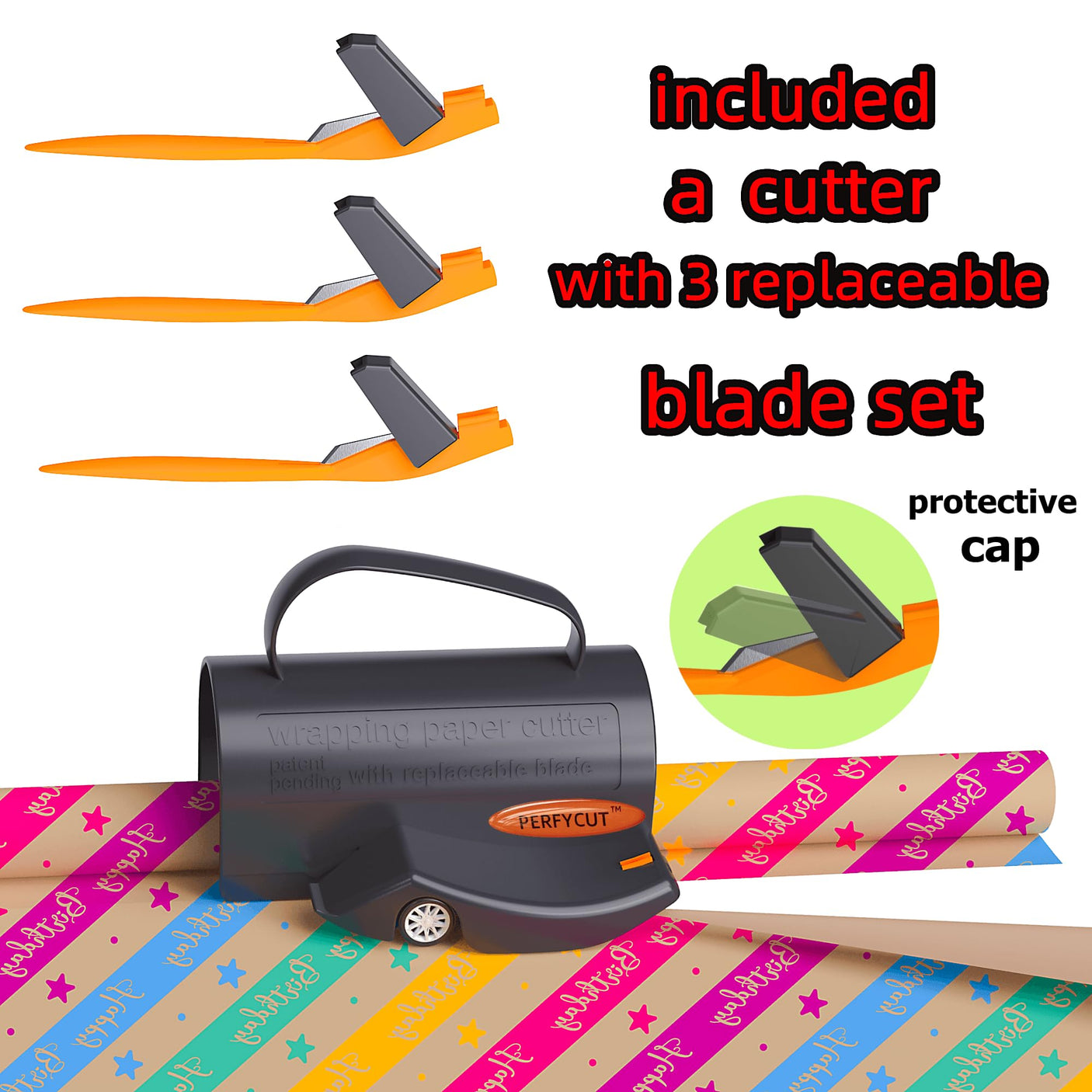 Wrapping Paper Cutter with 3 Replaceable Blade Sets for Birthday Paper Gift Wrapping Paper Roll Cutter and Christmas Wrapping Paper Cutter Tool Tube Holder Slidding Slicing.