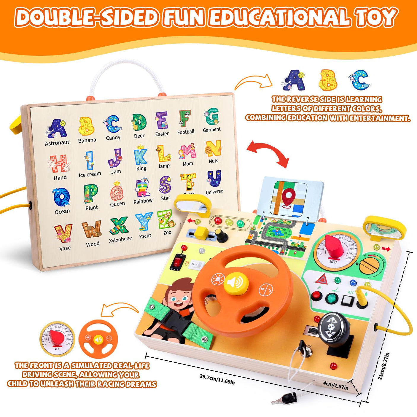 Busy Board, Montessori Toy for 1-3 Years Old, Wooden Toddler Sensory Travel Toy, Ideal Gift for 1+ Year Old Boys (Busy Board Plus V2), Medium, Yellow