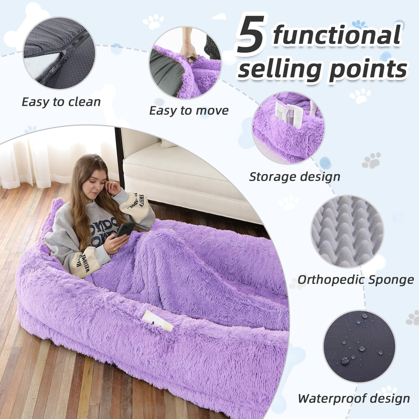 Human Dog Bed, Large Dog Beds for Humans Size Fits You and Pets, Washable Faux Fur Orthopedic Human Pet Bed for People Doze Off, Napping, Present Pillow, Blanket, Strap - Khaki