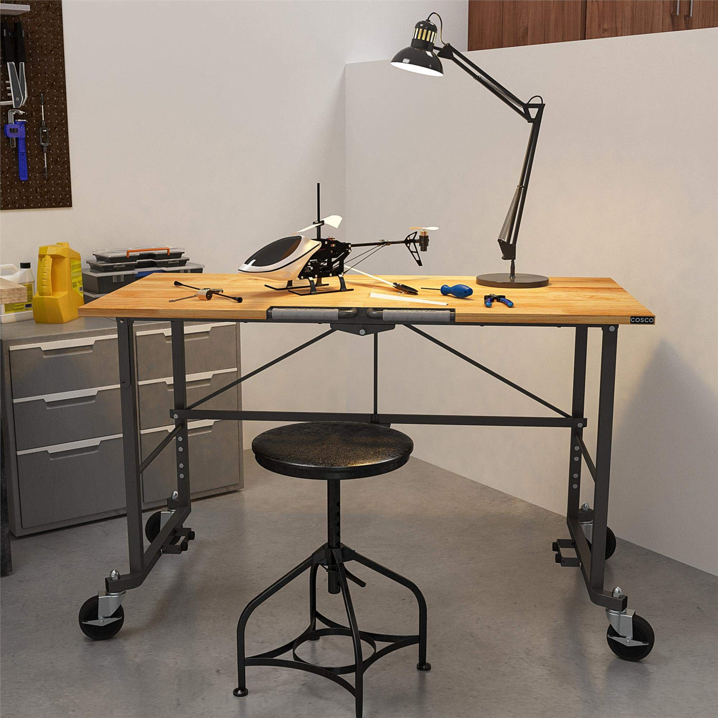 COSCO SmartFold Butcher Block Portable Workbench / Folding Utility Table (Hardwood Top, 700LB Total Weight Capacity, Locking Casters, Gray Steel Frame, 1 Pack)