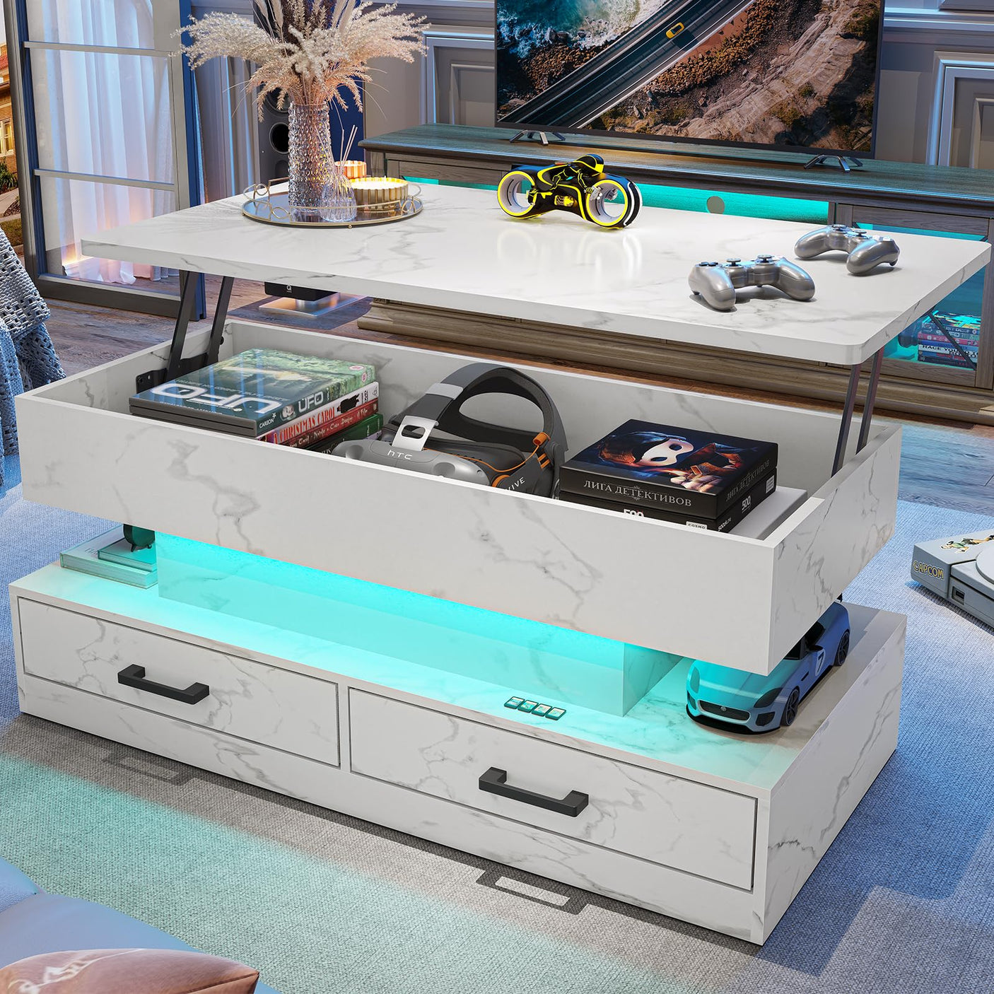 SEDETA 40" Lift Top Coffee Table, Coffee Tables with Storage for Living Room, Small Coffee Table with 2 Fabric Drawers & LED Light for Dining Reception Room, Black
