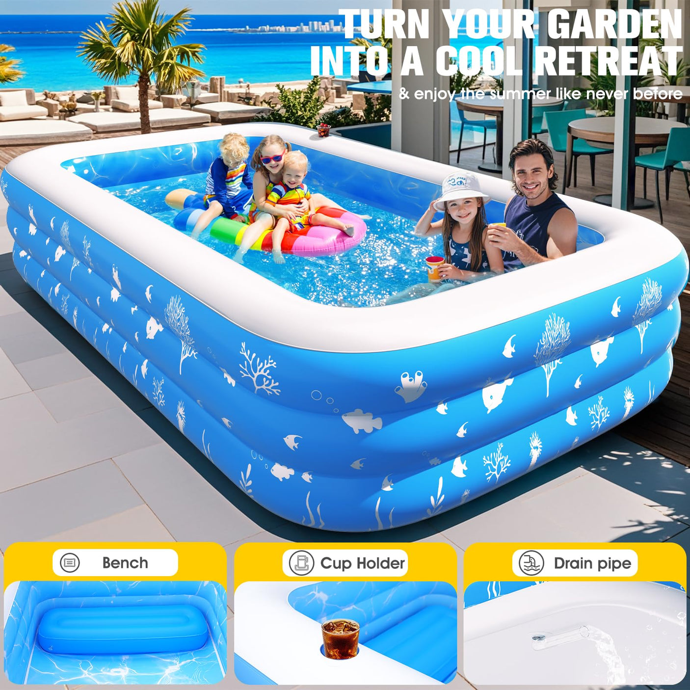 Inflatable Pool with Seat and Pool Lights, Durable Thickened Large Size Family Inflatable Pools for Adults Blow Up Pools,100" x 63" x 22"Swimming Inflatable Kids PooI for Backyard,Outdoor (White)