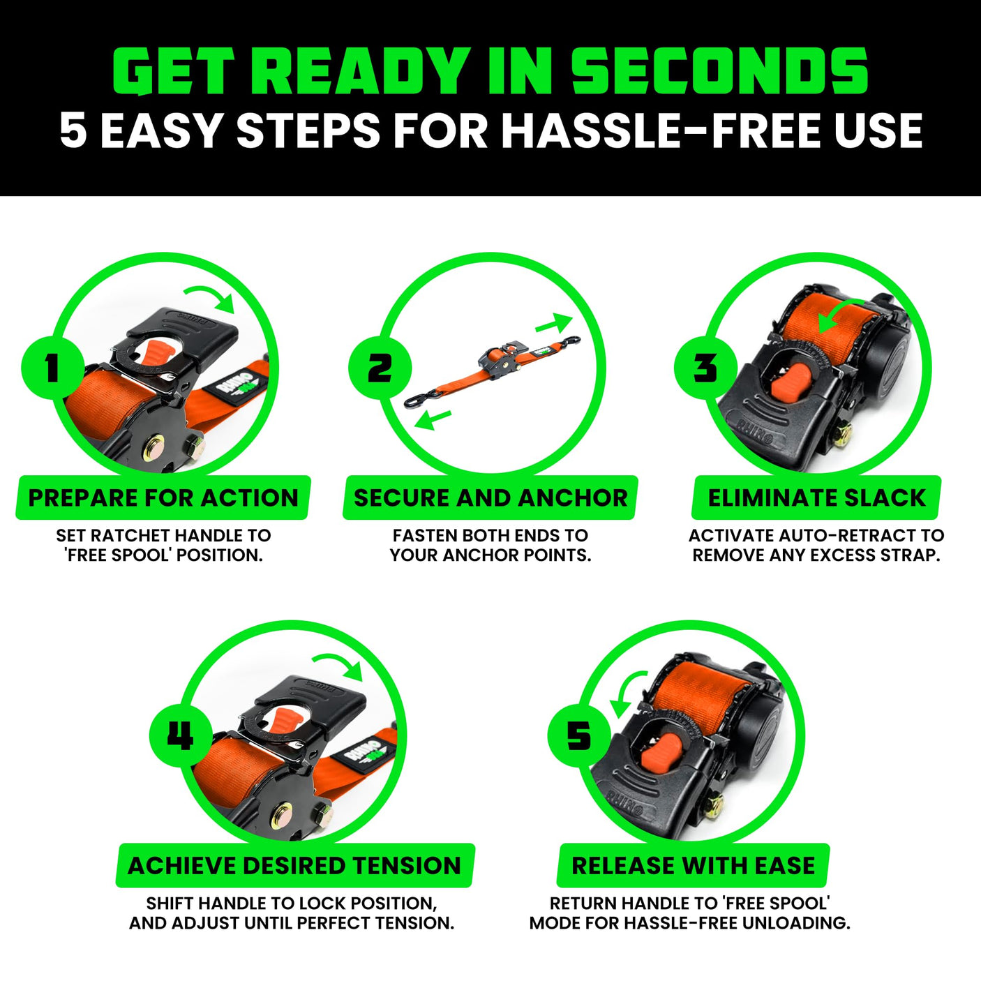 Rhino USA Retractable Ratchet Straps (4-Pack) - 1 Inch x 10 Feet (1,209lb Break Strength) - Heavy Duty Auto Self Retracting Tie Down Straps for Truck, Cargo Trailer, Motorcycle, Rad & More - Green