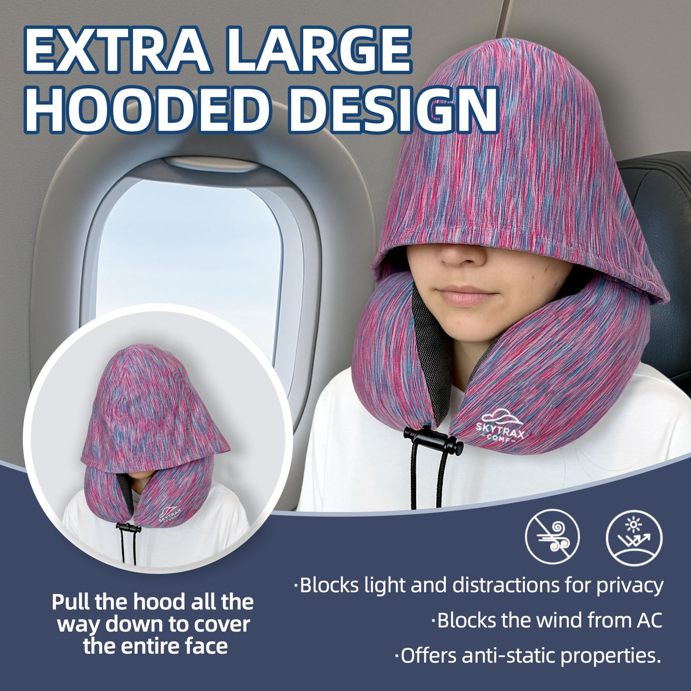 Travel Pillow with Extra Large Hood for Airplane Long Flights Privacy and Comfort Memory Foam with Velvet Cover for Road Trip Head&Neck Support for Plane Office Cars Sleeping & Rest (Pink)