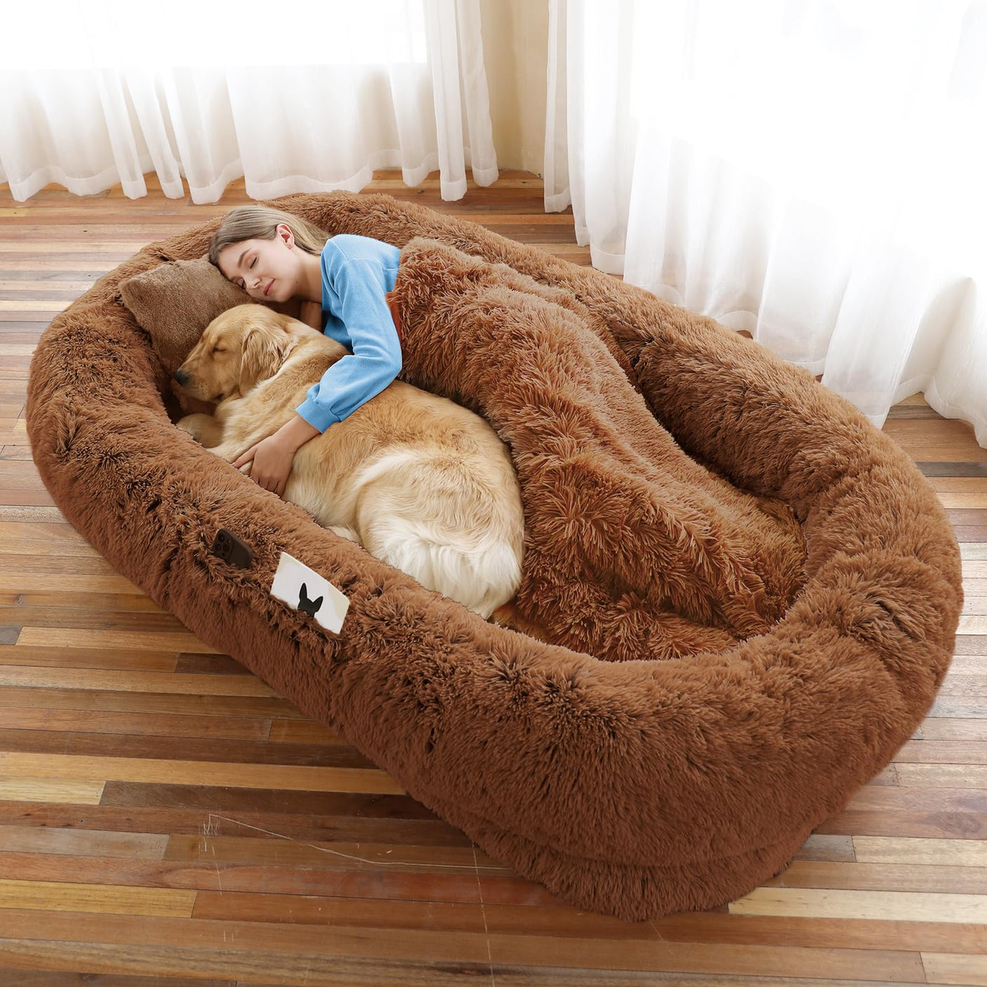 Human Dog Bed, Large Dog Beds for Humans Size Fits You and Pets, Washable Faux Fur Orthopedic Human Pet Bed for People Doze Off, Napping, Present Pillow, Blanket, Strap - Khaki