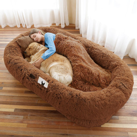 Human Dog Bed, Large Dog Beds for Humans Size Fits You and Pets, Washable Faux Fur Orthopedic Human Pet Bed for People Doze Off, Napping, Present Pillow, Blanket, Strap - Khaki