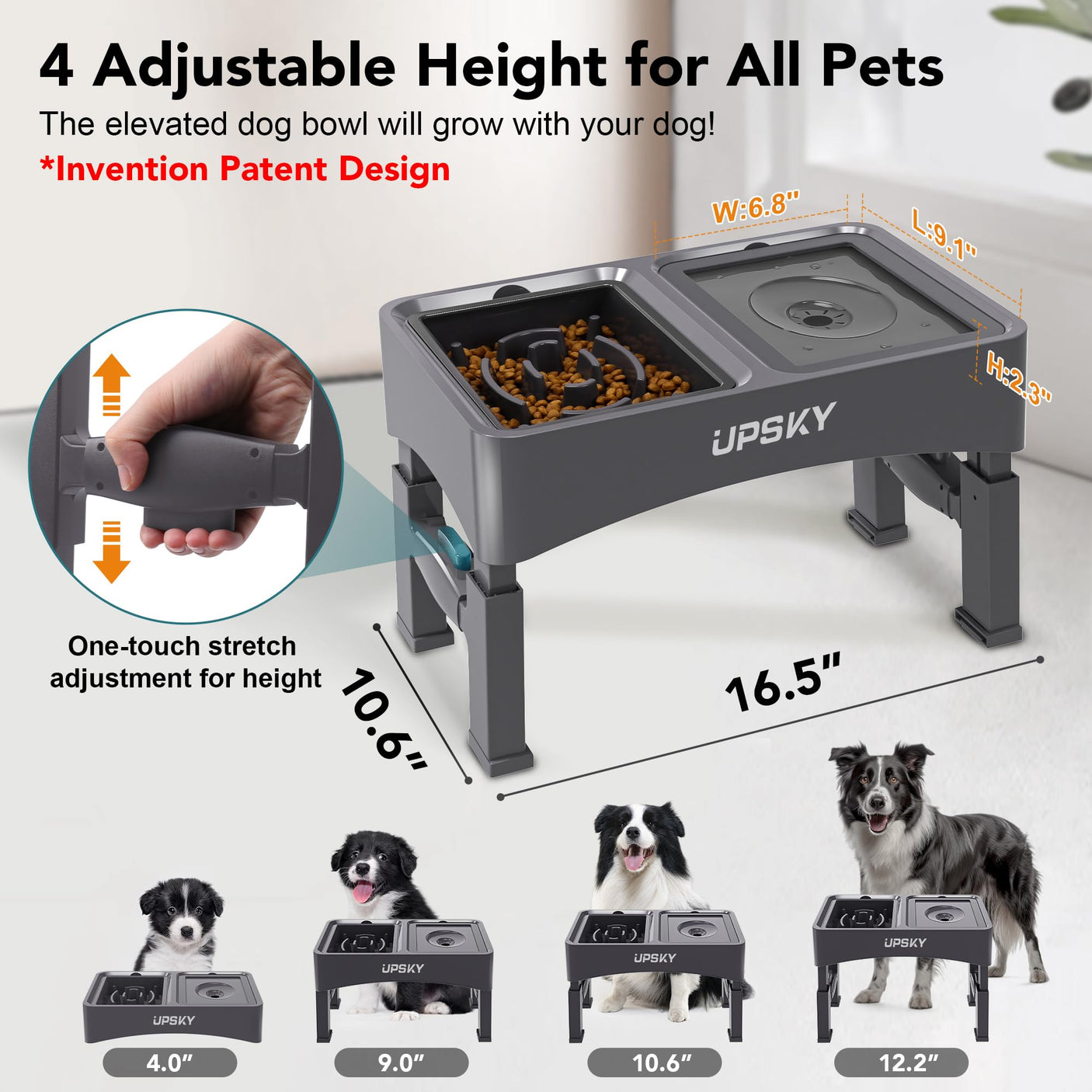 UPSKY 2-in-1 Elevated Dog Bowls Slow Feeder, 4 Height Adjustable Raised Bowls Stand, No Spill Dog Water Bowls, Anti-Slip Food and Water Bowl for Small Medium Dogs(Not Include Stainless Steel Bowl)