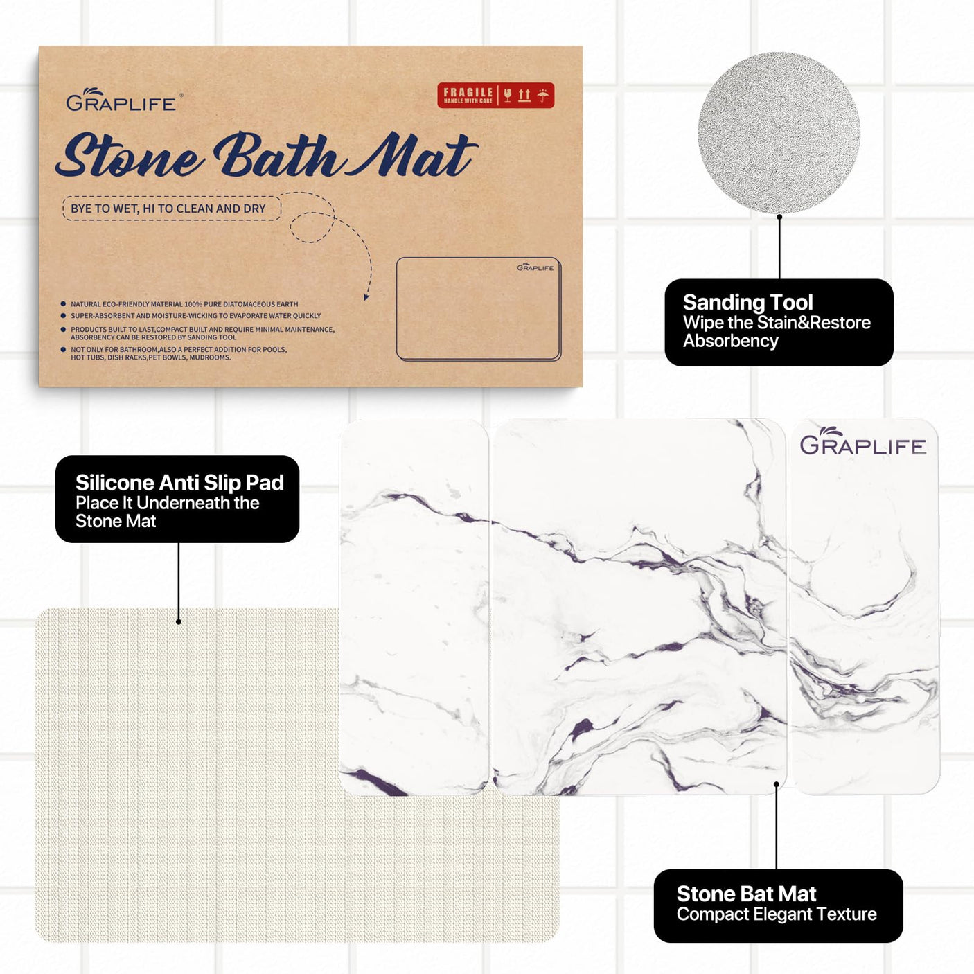 Stone Bath Mat, Diatomaceous Earth Shower Mat, Non-Slip Super Absorbent Quick Drying Bathroom Floor Mat, Natural, Easy to Clean (23.6 x 15.35 Darkgrey)