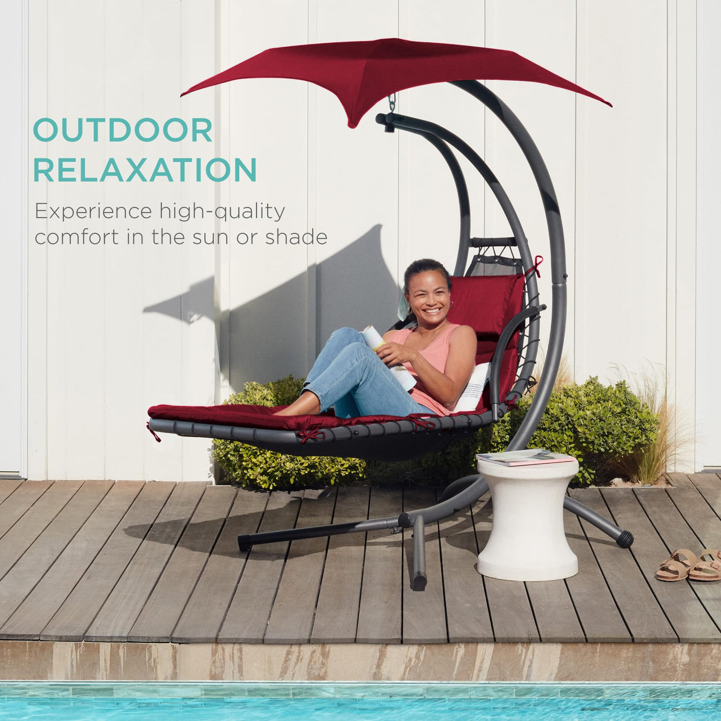 Best Choice Products Outdoor Hanging Curved Steel Chaise Lounge Chair Swing w/Built-in Pillow and Removable Canopy -Red