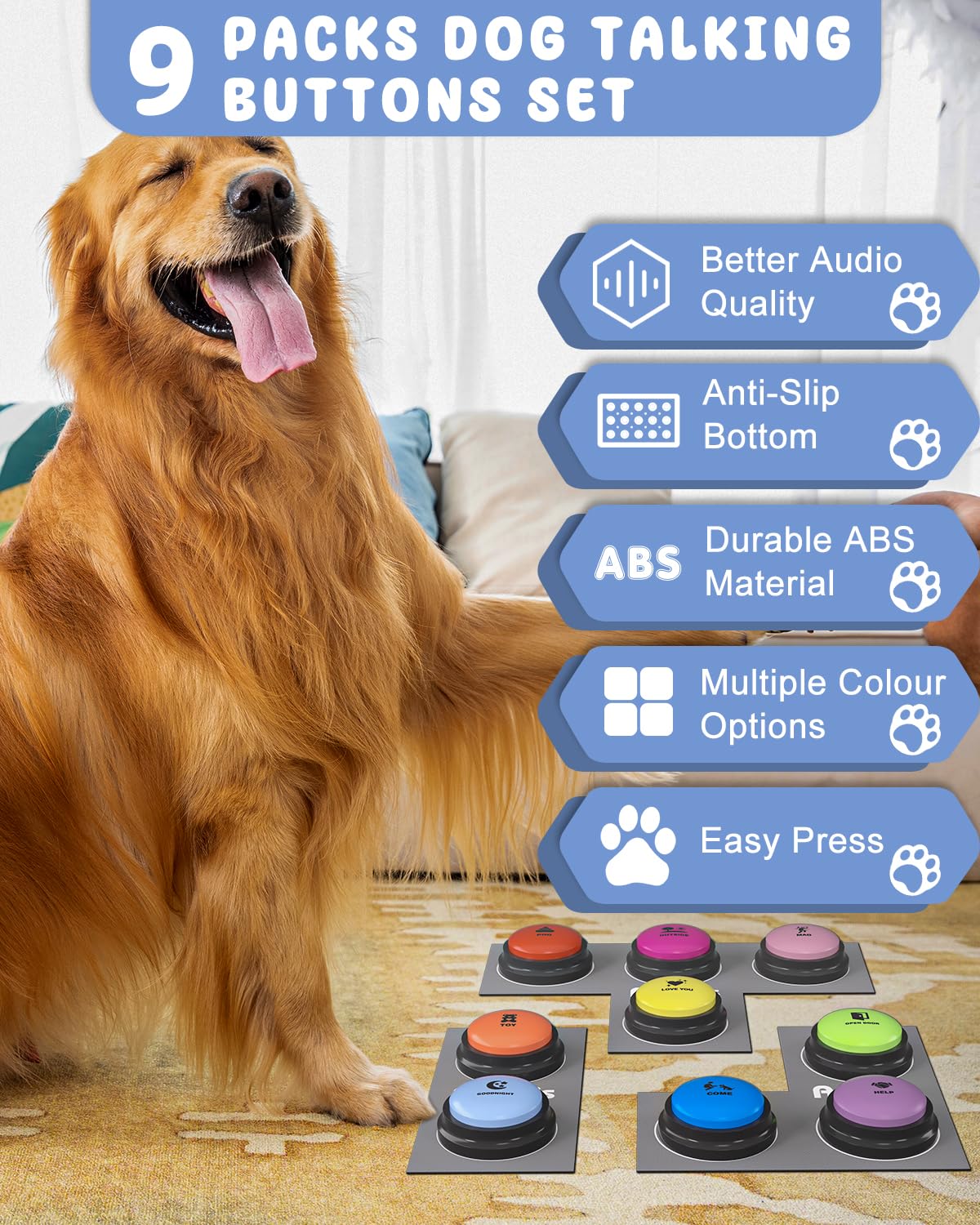 Dog Buttons for Communication, 8 Pcs Dog Talking Button Set, 30s Recordable Voice Pet Buzzer Training Buttons, Speaking Button for Dogs with Waterproof Anti-Slip Dog Button Mat and 48 Scene Stickers