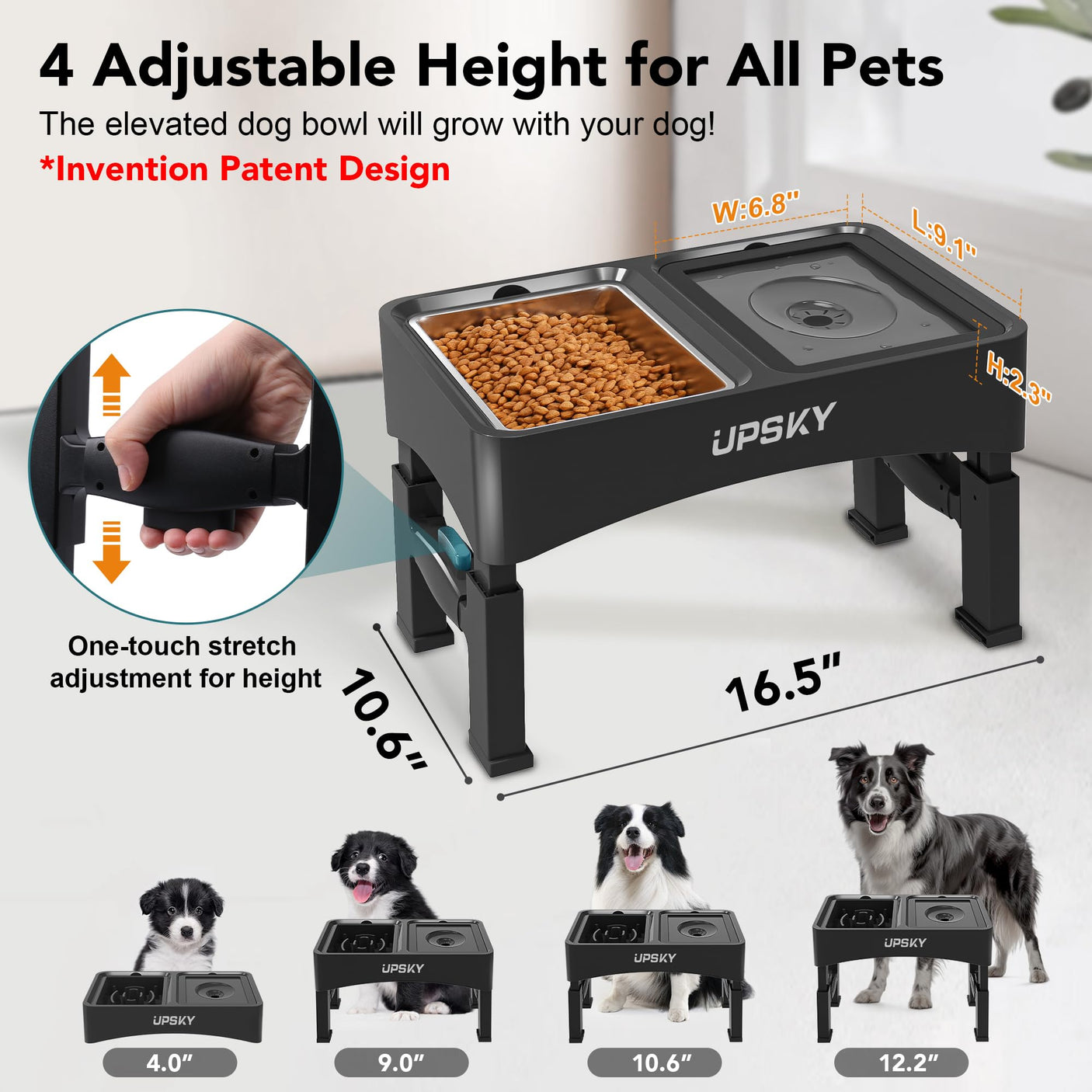 UPSKY 2-in-1 Elevated Dog Bowls Slow Feeder, 4 Height Adjustable Raised Bowls Stand, No Spill Dog Water Bowls, Anti-Slip Food and Water Bowl for Small Medium Dogs(Not Include Stainless Steel Bowl)
