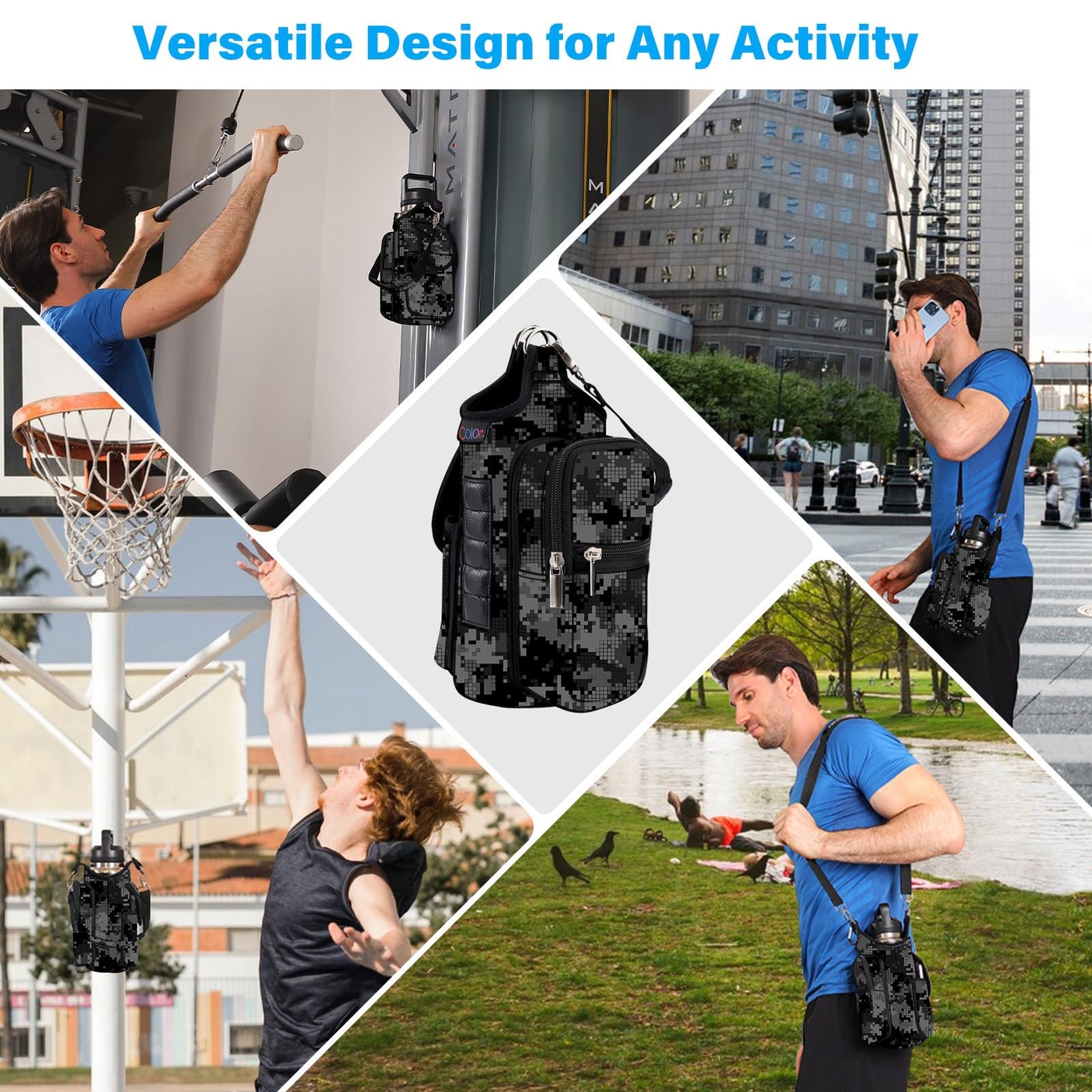 icolor Magnetic Gym Bag Water Bottle Carrier Holder with Phone Pockets & Shoulder Strap,5 Built-in Magnets Gym Bottle Pouch Sleeve,Magnetic Bag Gym Accessories Organizer for Men Women