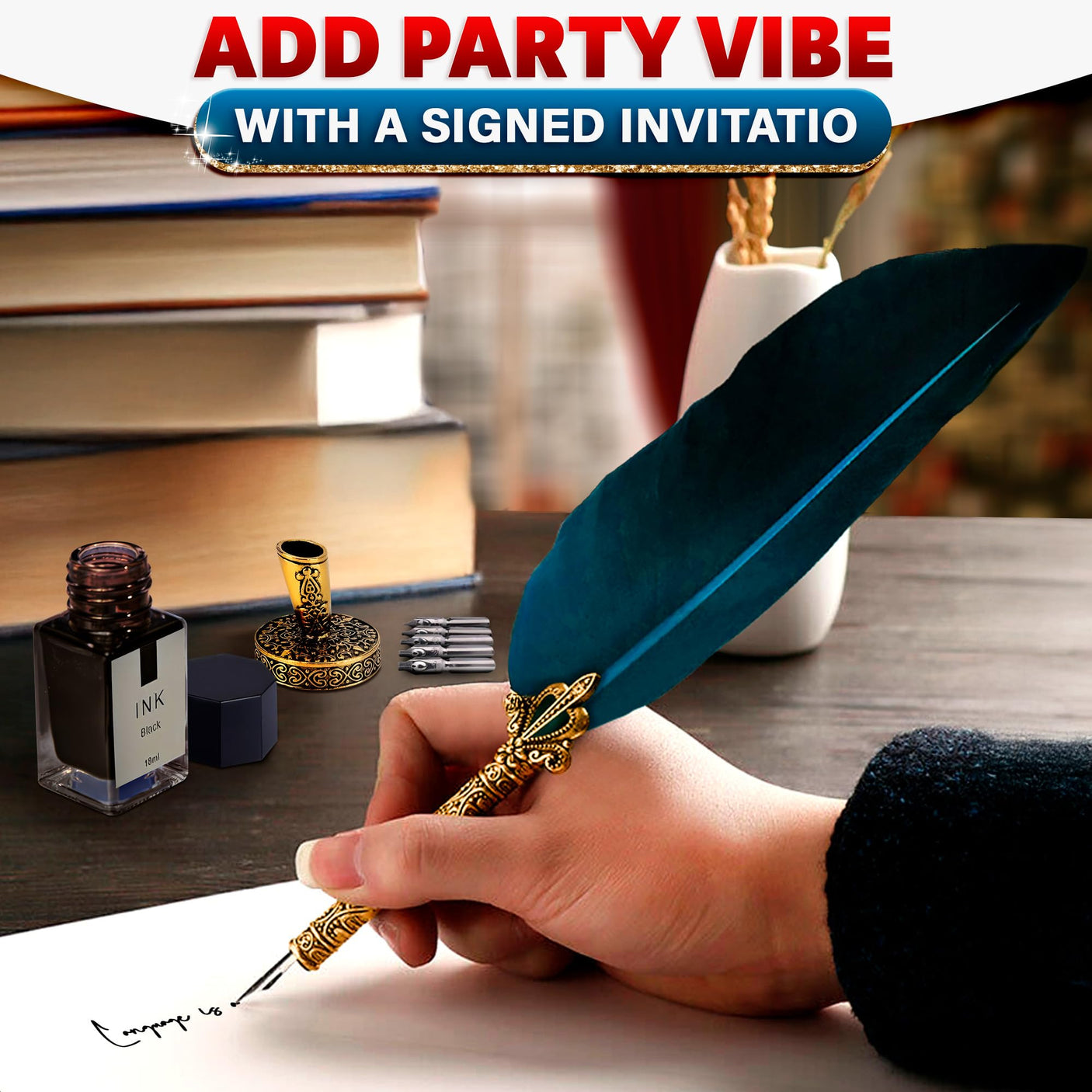 Lagarto Secure Counter Pens - 11.4" Stainless Steel Red Antique Feather Quill Pen and Ink Set with Nib for Calligraphy Practice, Drawing & Signatures - Security Pens for Beginners and Enthusiast